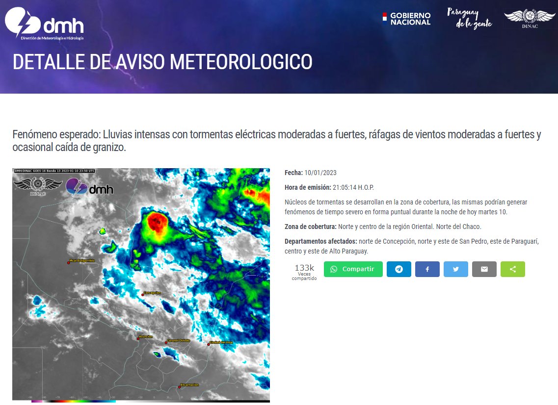 Aviso Meteorológico N°: 39/2023 Emitido.
Enlace: meteorologia.gov.py/avisos/
Fecha: 10/01/2023
Hora: 21:05 h.