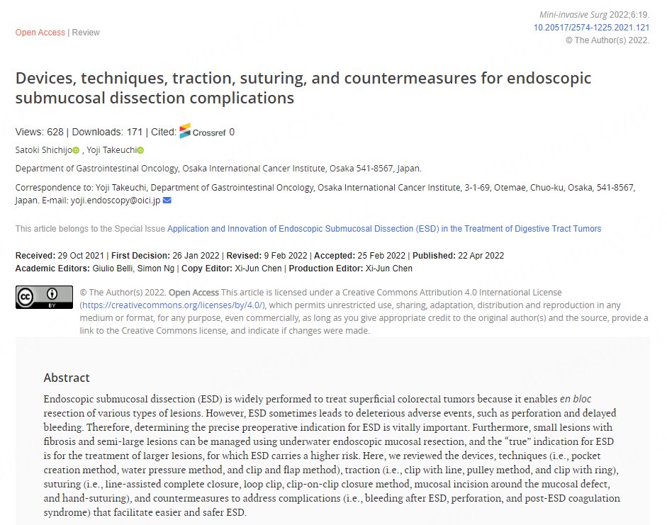 🥰This article might help you: Devices, techniques, traction, suturing, and countermeasures for endoscopic submucosal dissection complications 🔗Link: misjournal.net/article/view/4… @coloncanada @lean_stein