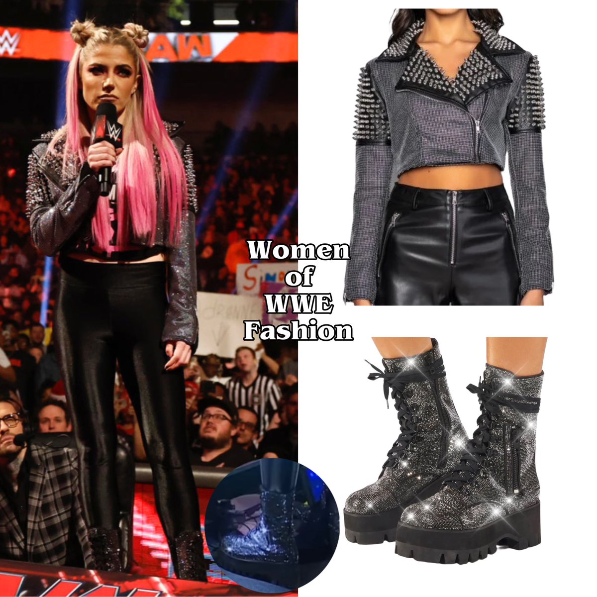 WmenWrstlinFash's tweet photo. On the 1-9-23 edition of #WWERAW, @AlexaBliss_WWE wore the Rhinestone Bomb Crop Moto Jacket from #AzaleaWang (out of stock) and the Strike It Rich Rhinestone Boots from #PosterGrl (out of stock) https://t.co/yJIH2l1yIg