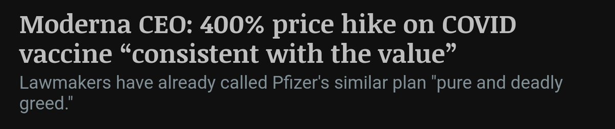 SamuelMIW's tweet image. Pharmaceutical companies are everything wrong with the world.

The vaccine was researched and developed using taxpayer money and grants. 

Were already making crazy profit on each dose, now they increase the price by 400%.

#greed #Pharmaceutical #Moderna #COVID19 #Coronavirus