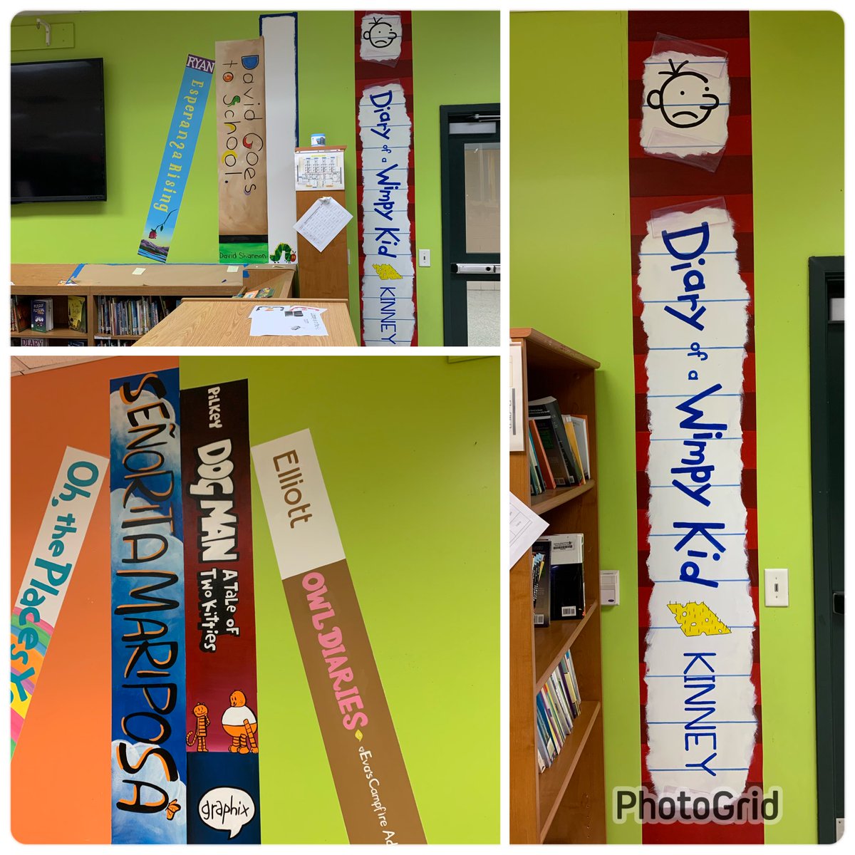 TBradleyMurals's tweet photo. Team Work makes the Dream Work! Getting the second coats and details on all the book spines…almost done with the library @TinsleySchool https://t.co/Ml9C8u3pgh