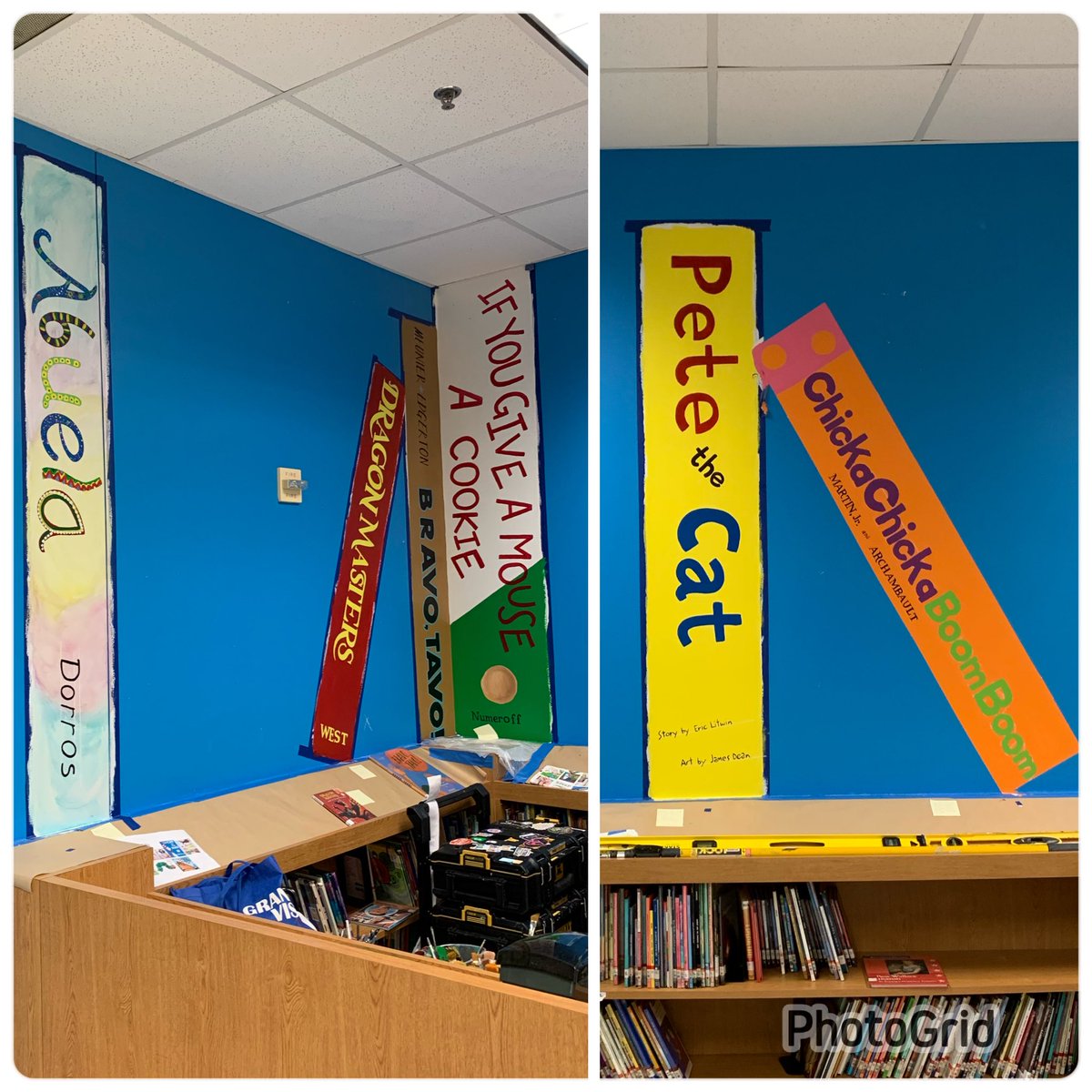 TBradleyMurals's tweet photo. Team Work makes the Dream Work! Getting the second coats and details on all the book spines…almost done with the library @TinsleySchool https://t.co/Ml9C8u3pgh