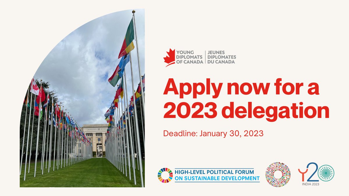 This month, we're recruiting for three delegations!

- The Y20 Summit in Varanasi, India
- The UN High-Level Political Forum in NYC, USA
- The IMF- WBG Spring Meetings in Washington, USA

Get your applications in by January 30, 2023 at midnight PT.

➡️ youngdiplomats.ca/apply