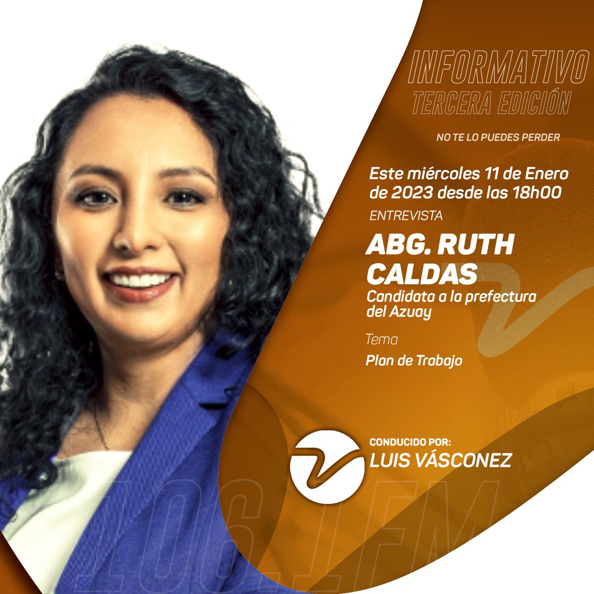 Entrevista 🎙| Informativo Visión  Tercera Edición 🗞
 
En #DiálogoDirecto conversaremos con la CPA Abg. <a href="/RuthCaldasArias/">Ruth Caldas Arias</a>, Candidata a la prefectura del Azuay por la alianza “Azuay Libre” listas 23 -25, para hablar sobre su plan de trabajo.
 
Este #miércoles 11/01 a las 18:00
