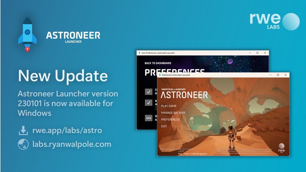 RWELabs's tweet photo. New Update!
Version 230101 for the Astroneer Launcher is available now. This update introduces some bug fixes and UI tweaks.
Learn more: https://t.co/GQdlEunFEH https://t.co/45rAlLlsAH