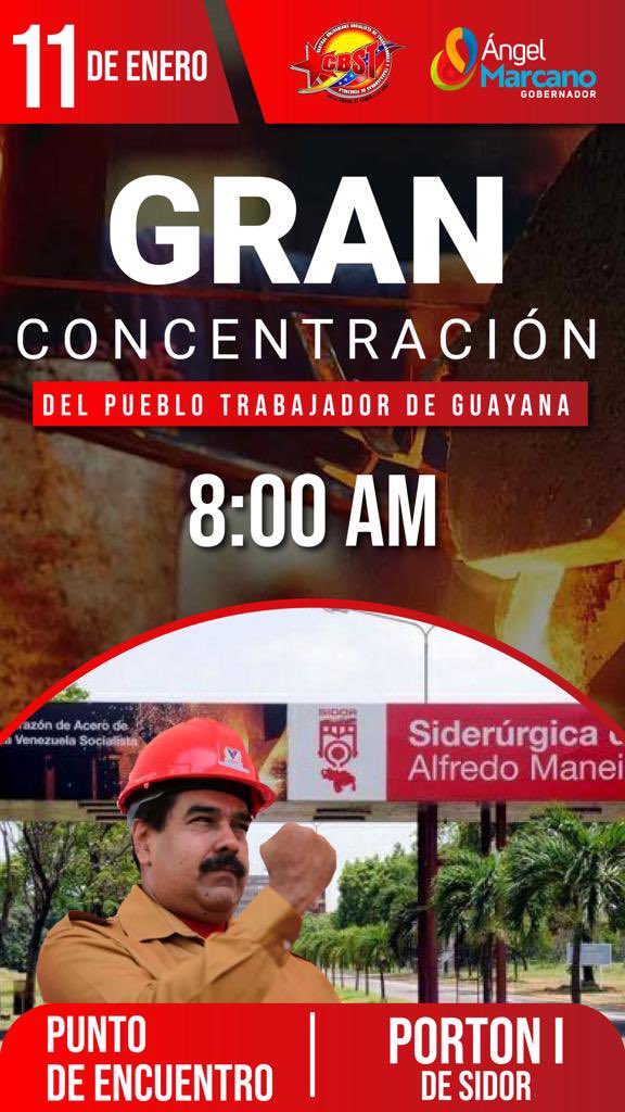 Miércoles 11 de enero !!! El Pueblo Trabajador se concentra en SIDOR . Clase Obrera Consciente y patriota en defensa de la Revolución Bolivariana y su líder <a href="/NicolasMaduro/">Nicolás Maduro</a> Seguiremos venciendo <a href="/dcabellor/">Diosdado Cabello R</a> <a href="/PartidoPSUV/">PSUV</a>