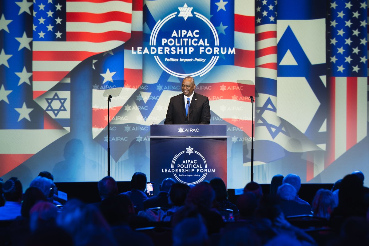 SecDefAustin's tweet photo. It was a pleasure to speak at today's @AIPAC Political Leadership Forum. We stand firmly in our support of Israel, strengthened by our shared commitment to democracy, freedom, and the rule of law. https://t.co/gCMNpdvS73