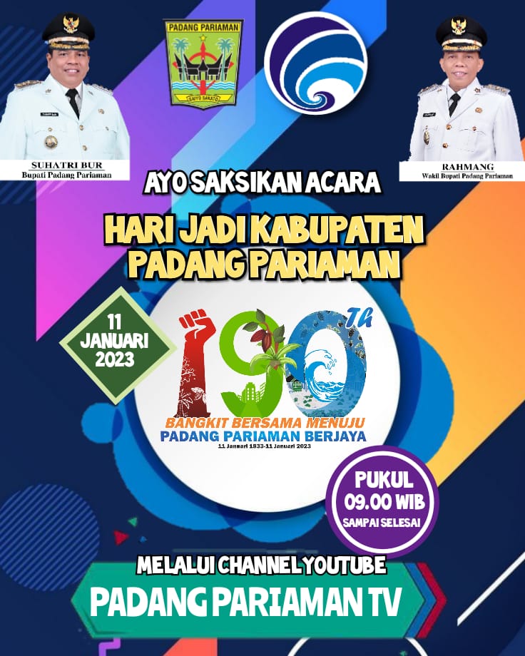 Ayo saksikan siaran langsung prosesi pelaksanaan Rapat Paripurna DPRD Kabupaten Padang Pariaman dlm rangka Memperingati Hari Jadi Kabupaten Padang Pariaman Ke-190 melalui kanal Youtube Dinas Kominfo Kab. Padang Pariaman (Padang Pariaman TV), Rabu, 11 Januari 2023, pukul 09.00 Wib