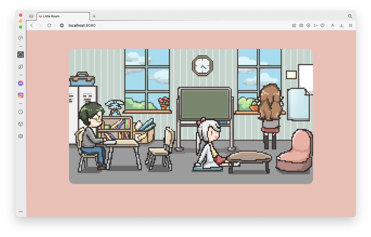vvhchan's tweet photo. I illustrated and coded myself a browser home page! It's a little accompanying website where people just show up here and there, chilling and doing their own stuff.

(The time on the clock and the scene out of the window actually matches local time!)

https://t.co/N5iAZEQIoe https://t.co/03moEIPn9B