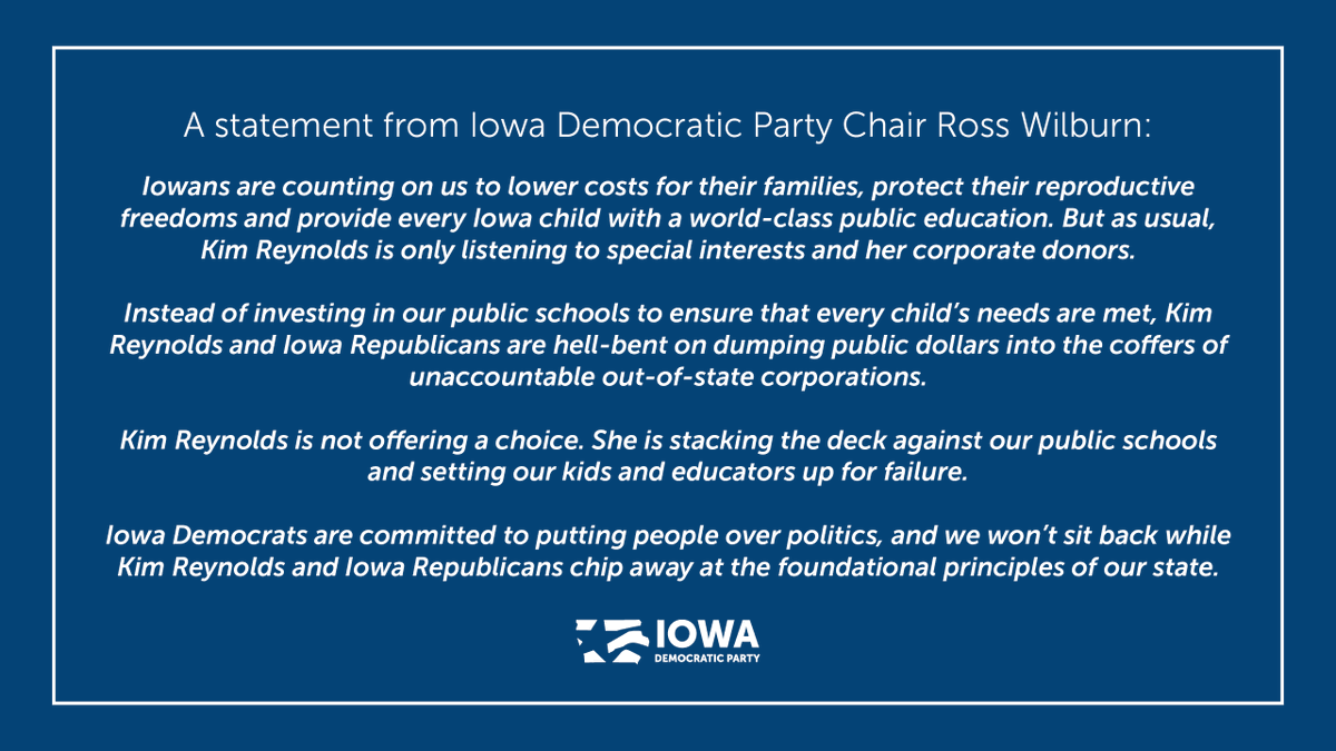 iowademocrats's tweet photo. .@KimReynoldsIA is not offering a choice. She is stacking the deck against our public schools and setting our kids and educators up for failure.

Public dollars belong in public schools. https://t.co/hXxlZyY0dZ