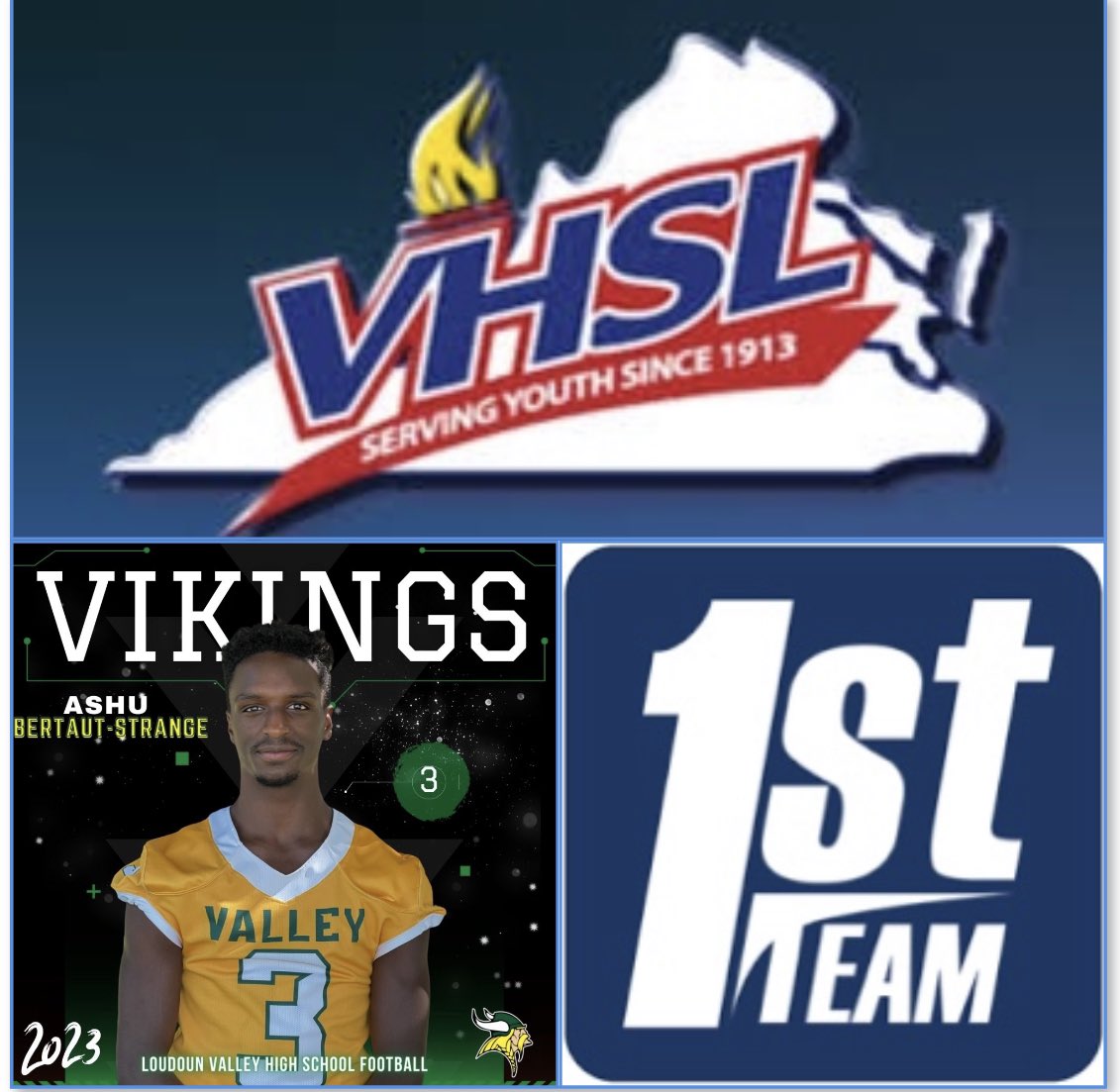 Loudoun Valley Football (@fbvikingstrong) on Twitter photo Congratulations <a href="/Carl_Ashu/">Carl Ashu Bertaut-Strange</a> for earning <a href="/VHSL_/">VHSL Athletics</a> D4 All-State 1st Team Honors as a Punt Returner
<a href="/LoCoSports/">LoCoSports</a> Offensive Player of Year
<a href="/BURGSportsnet/">BURG Sports Network</a> MVP
<a href="/LocoHSFB/">LoCo Football</a> MVP
Dulles District Offensive Player of Year
<a href="/DCTouchdownClub/">DC Touchdown Club</a> Player of Week
1 of 2 Congratulations <a href="/Carl_Ashu/">Carl Ashu Bertaut-Strange</a> for earning <a href="/VHSL_/">VHSL Athletics</a> D4 All-State 1st Team Honors as a Punt Returner
<a href="/LoCoSports/">LoCoSports</a> Offensive Player of Year
<a href="/BURGSportsnet/">BURG Sports Network</a> MVP
<a href="/LocoHSFB/">LoCo Football</a> MVP
Dulles District Offensive Player of Year
<a href="/DCTouchdownClub/">DC Touchdown Club</a> Player of Week
1 of 2