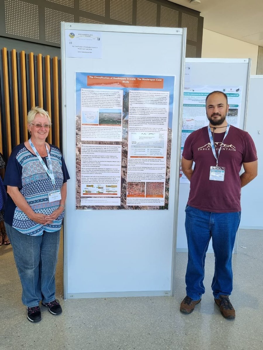 Standing beside co-author, Dr Tania Marshall. Our work focuses on the diamondiferous Rooikoppie Gravels.  Poster session will be on the 2nd floor from 16h30 until 19h00. #Geocongress2023 #diamonds #geology #exploration #minerals #GSSA #Stellenbosch