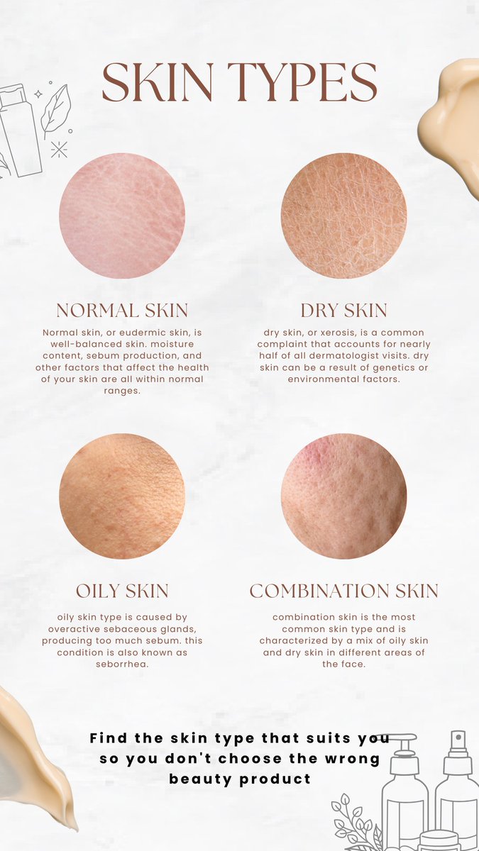 Do you know your skin type?
.
.
.
#skintypes #skincare #skincareroutine #skin #beauty #skincaretips #dryskin #oilyskin #selfcare #skincareproducts #skintype #combinationskin #naturalskincare #healthyskin #glowingskin #skinhealth #naturalbeauty #acne #facials