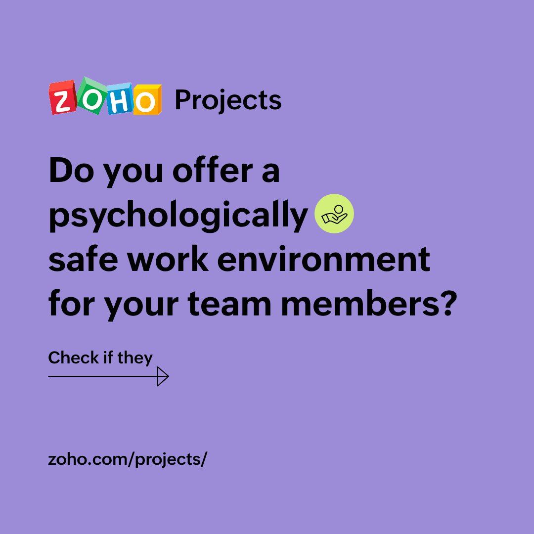 ZohoProjects's tweet photo. #PM_Check Psychological safety in a team brings excellent performance and cordial teamwork to a project. Are you offering your team the right environment to flourish? Check now!
#project #projectmanagement #teamwork
1/5 https://t.co/M2mjpDOsII
