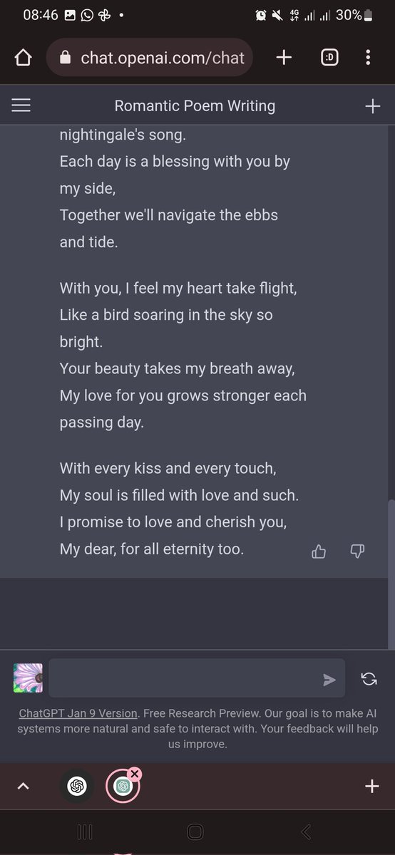 ThunderofAlien's tweet photo. I told Chat GPT 'Be very romantic' (first 2 pics) to assess how well it could respond after I had asked it to write a romantic poem which I didn't like so much. I think more could be added to create emotion however. The initial poem is the third picture #ChatGPT #Romanticpoetry https://t.co/53UYsXtfet