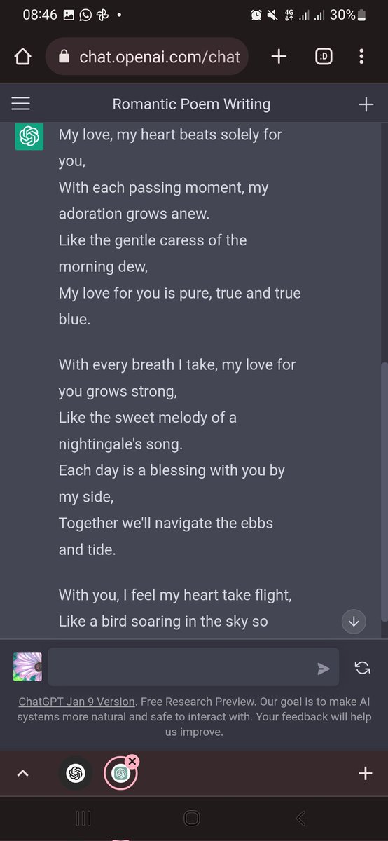 ThunderofAlien's tweet photo. I told Chat GPT 'Be very romantic' (first 2 pics) to assess how well it could respond after I had asked it to write a romantic poem which I didn't like so much. I think more could be added to create emotion however. The initial poem is the third picture #ChatGPT #Romanticpoetry https://t.co/53UYsXtfet