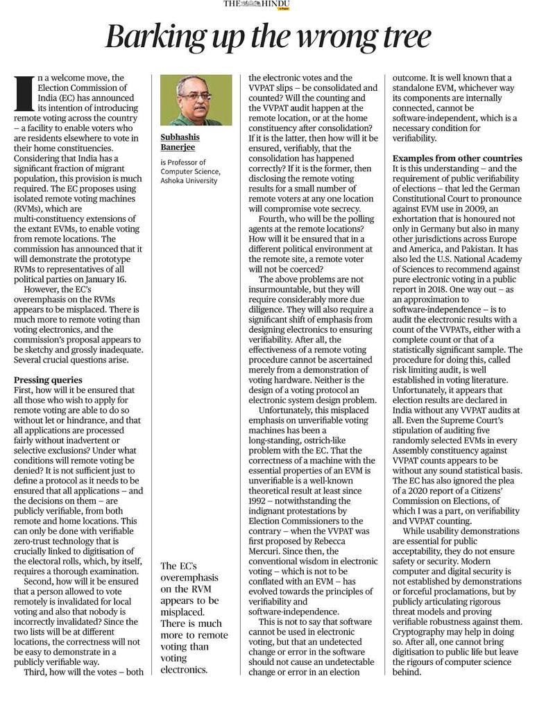 Dr Subhashis Banerjee explaining the challenges of designing Electronic Voting Machines and the need for verifiability. The Election Commission of India's #RVM demonstration is not enough for verifiability.  

thehindu.com/opinion/op-ed/…