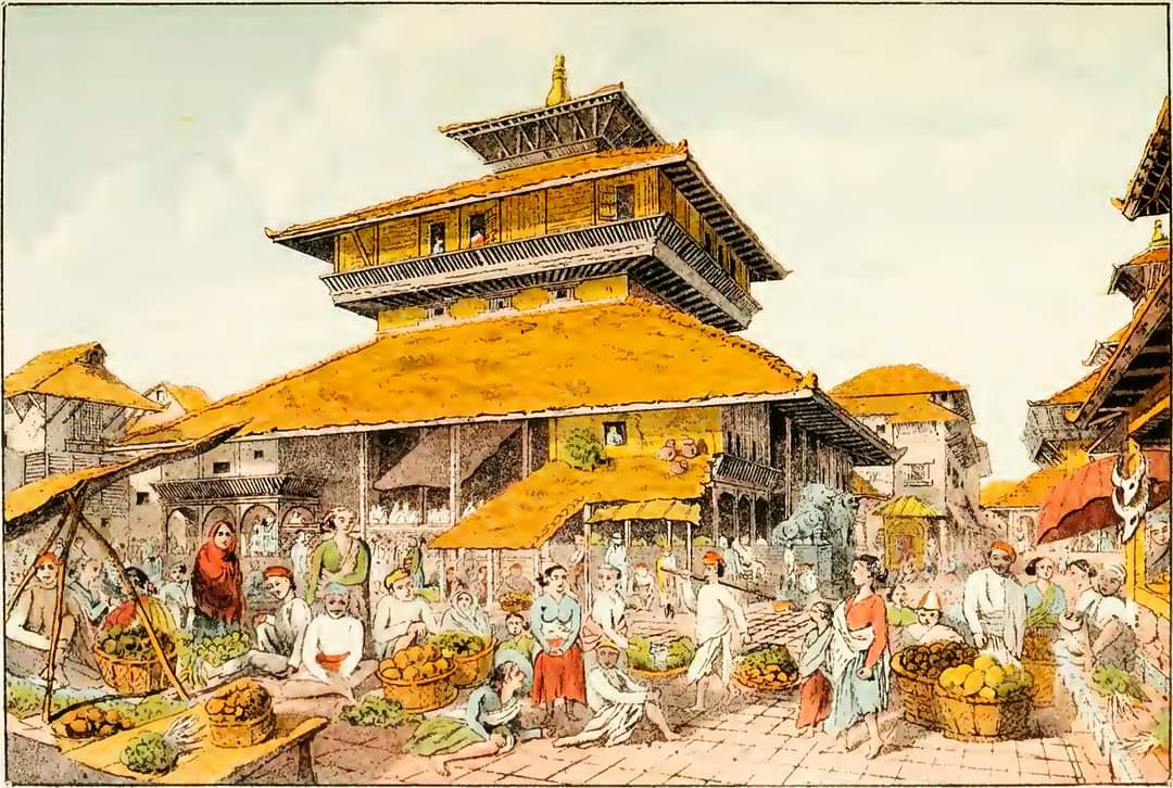 Bodhi_Bimal's tweet photo. Street vendors and stalls are a part of Kathmandu culture. See the watercolor by Surgeon Oldfield from the 1850s-60s below. Street vendors are all over Kasthamandap. This is what a living, breathing city looks like. https://t.co/bn1SwPprQS