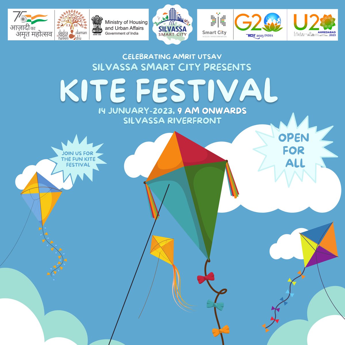 Silvassa Smart City presents Kite Festival on the occasion of Makar Sankranti! All the citizens of Silvassa are invited to join us on 14th Jan at Riverfront from 09:00 AM onwards #smartcitiesmission #AKAM #amritutsav #sabkabharatnikhartabharat @MoHUA_India @SmartCities_HUA