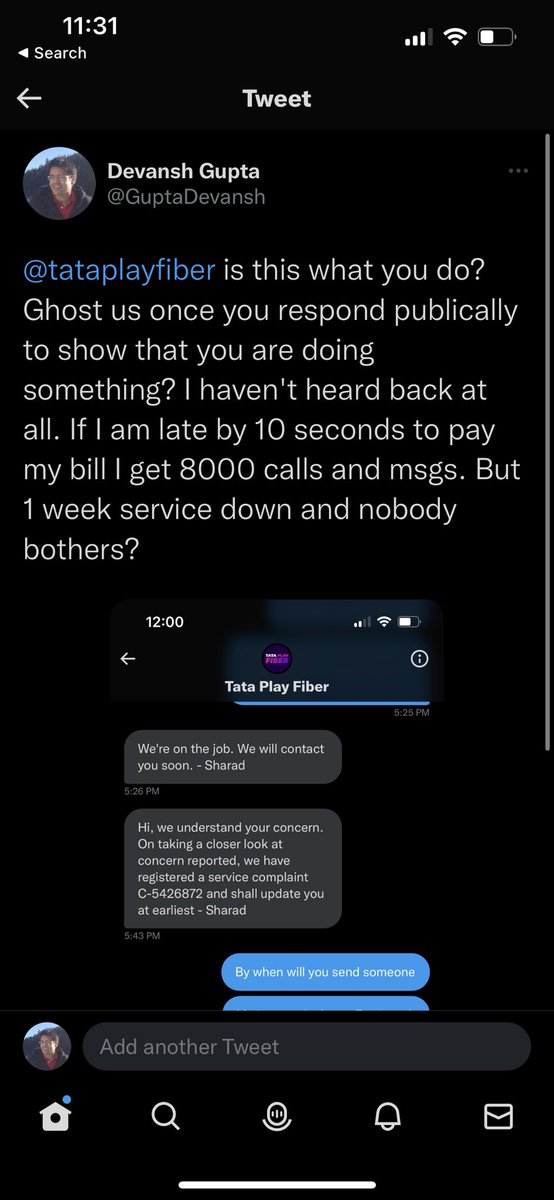 GuptaDevansh's tweet photo. ⁦@tataplayfiber⁩ yeah person finally came made one small change that didn't do anything and left saying he will come back if problem reoccurs. Problem occurred again and now he is not picking up his phone for entire day. Seriously what kind of service are you guys running? https://t.co/H8vhPgcJPd