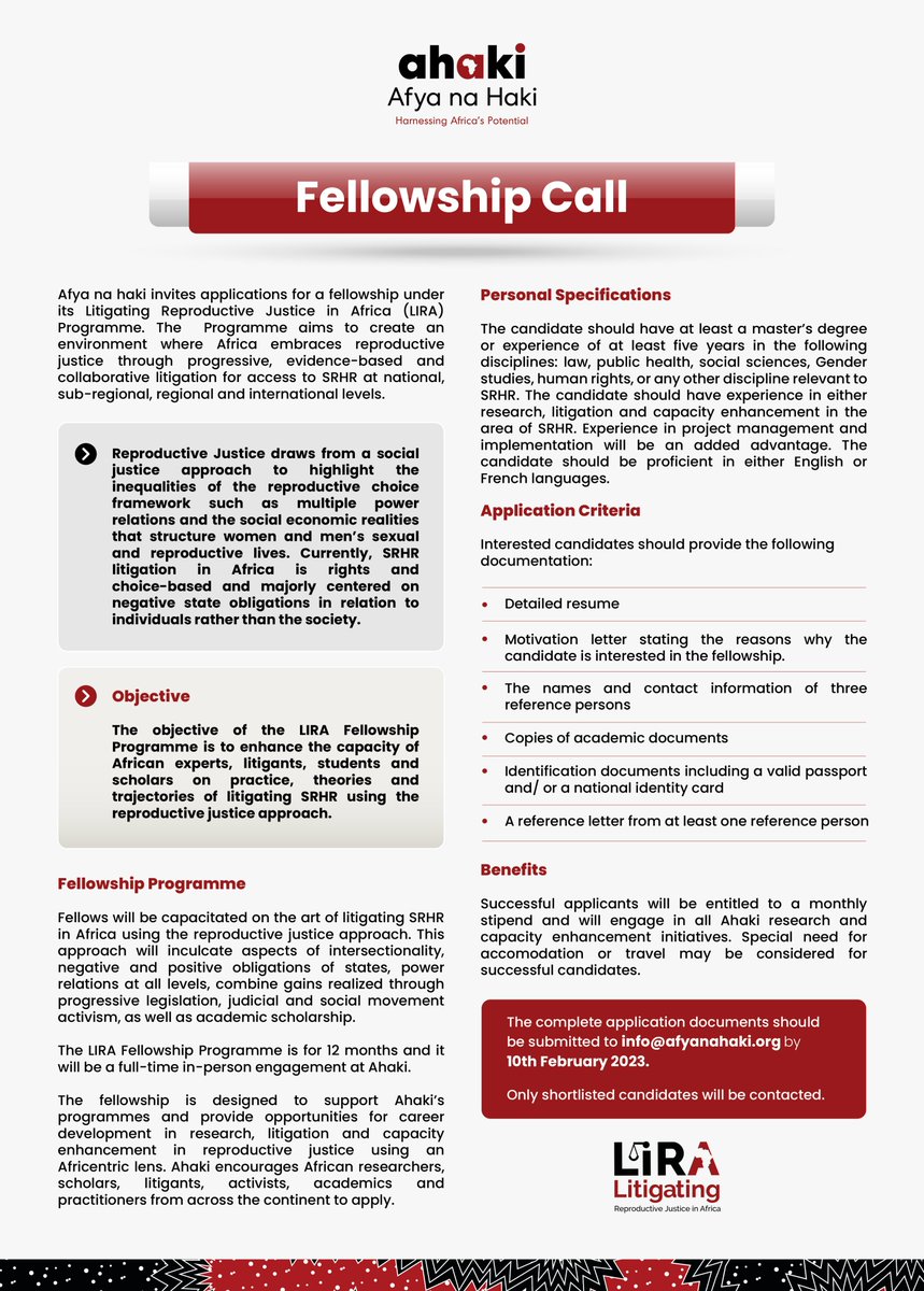afyanahakiug's tweet photo. Ahaki invites applications for its inaugural fellowship on litigating reproductive justice. This fellowship will contribute towards capacitating African-based researchers &amp; practitioners in Africentric approaches to litigating reproductive Justice
Details👉🏿https://t.co/rkRoj1L8v8 https://t.co/cppEiAng7E