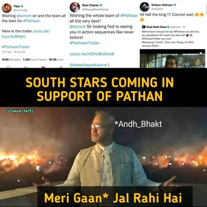 SunandaSSinha's tweet photo. Also, angry bhakts tried to trend #BoycottSouth after seeing them supporting #Pathaan ... But, soon realised they can't even type any of the language... 😂
#BlockbusterPathaanTrailer #ShahRukhKhan𓀠 #RamCharan #TalapathyVijay https://t.co/jvqMfbaxa3