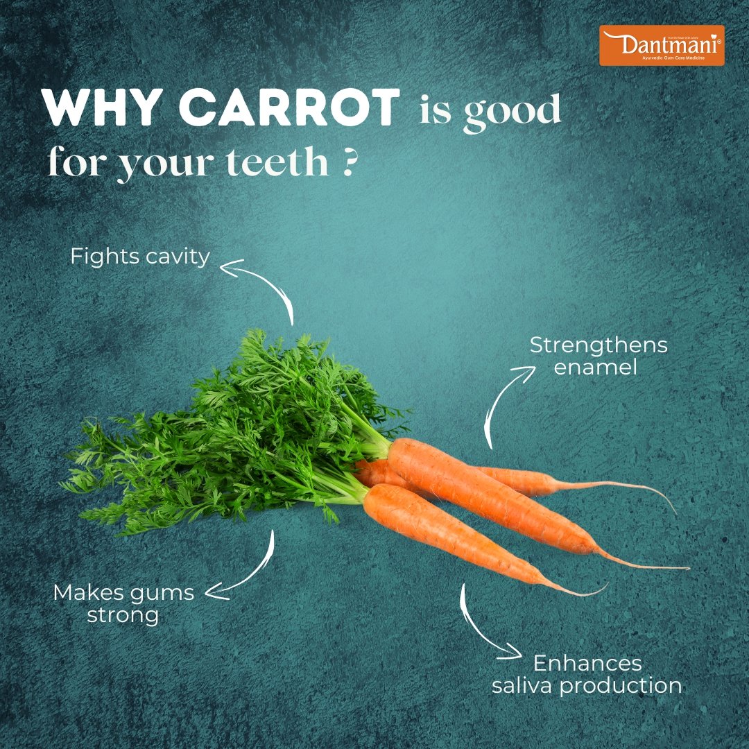 DantMani's tweet photo. Carrots are known for their benefits on the human eyes but did you know that this vegetable is also a great addition to your oral health? Eating this is like shooting two birds with an arrow!
#Dantmani #AyurvedicToothpaste #ToothCare #ToothCareTips #DentalCare #CavityFree https://t.co/FMeiNoZzQd