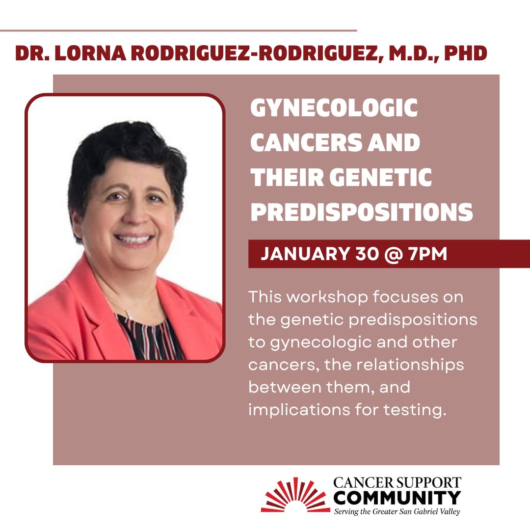 Gynecologic Cancers and Their Genetic Predispositions January 30 @ 6:00 pm This workshop focuses on the genetic predispositions to gynecologic and other cancers, the relationships between them, and implications for testing.  Register at: my.mtr.cool/ifxbcytmmoh