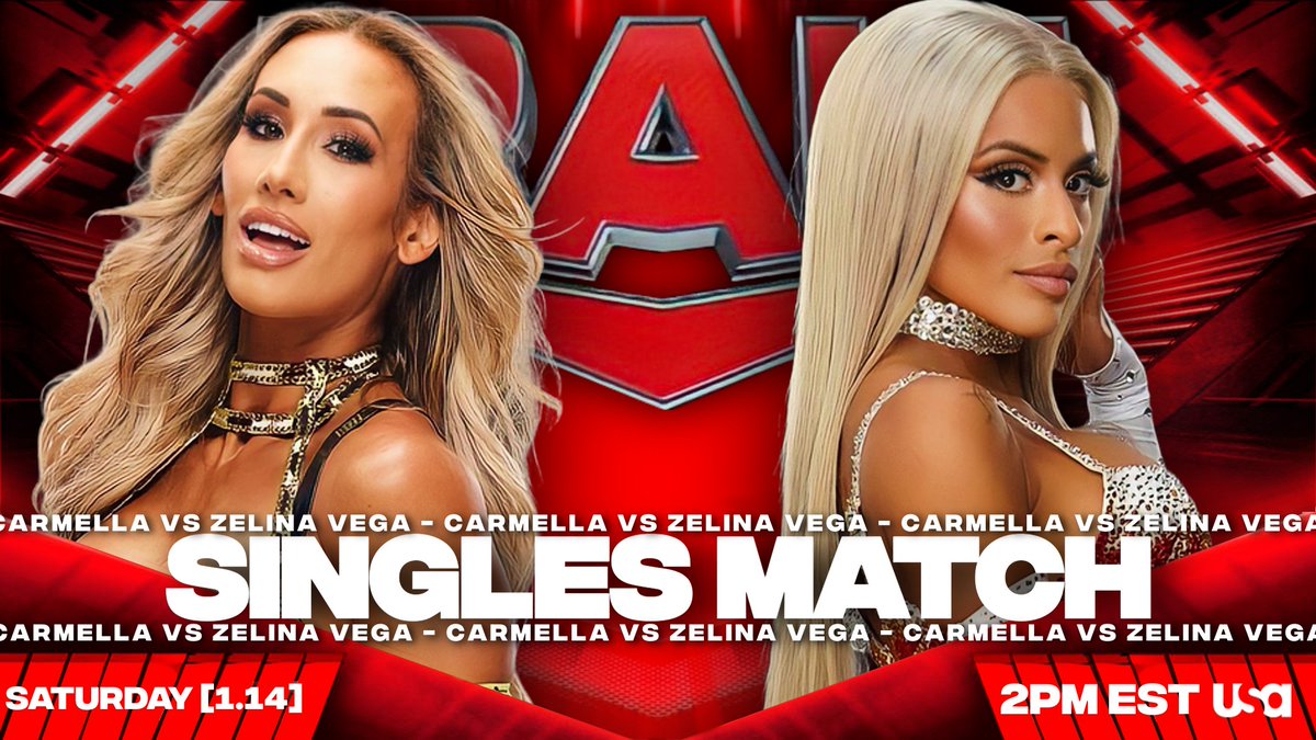 This Week on Raw, Live from Inglewood CA:

Carmella hopes to pick up a win this week as she is set to face Zelina Vega in a Singles Match.
- Carmella vs Zelina Vega

Trish Stratus faces Nia Jax in a Qualifying Match for the 2023 Royal Rumble Match. 
- Trish Stratus vs Nia Jax https://t.co/g1XRpsNhLg