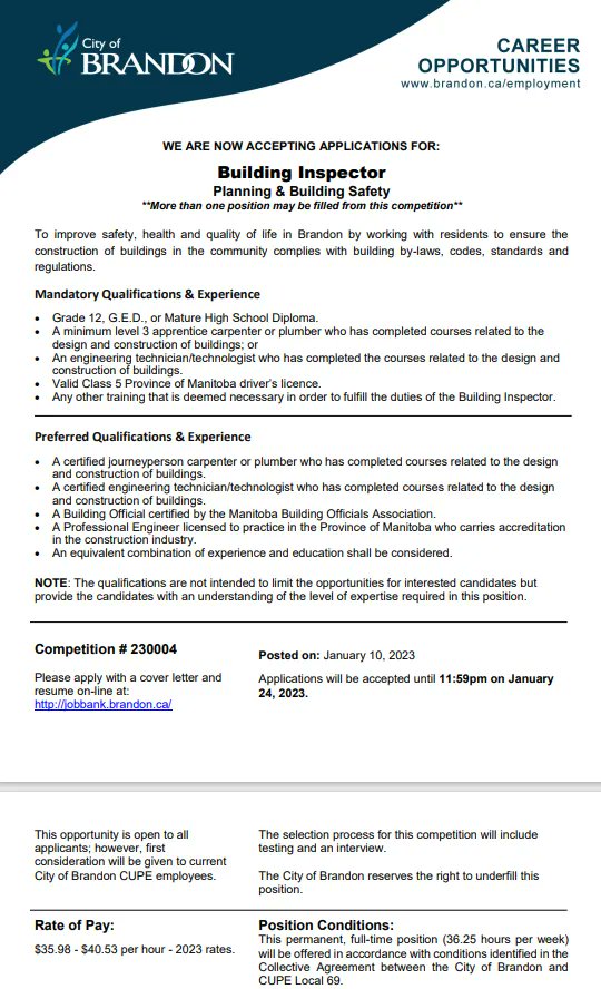 City Of Brandon is hiring for Building inspector!!!
Come to the Brandon Friendship Centre to see how to apply!