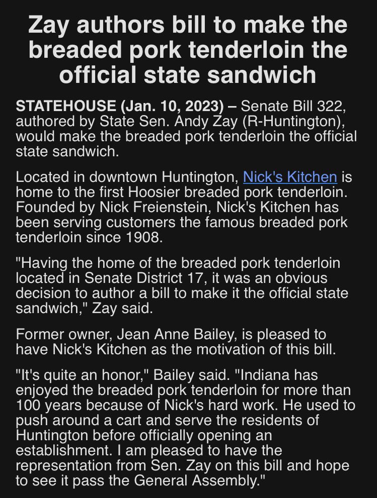 BrettStoverCA's tweet photo. In what is definitely the most important news of the day, Sen. Andy Zay (R-Huntington) has filed a bill to make breaded pork tenderloin Indiana's official state sandwich. https://t.co/GWSqOqmP5a