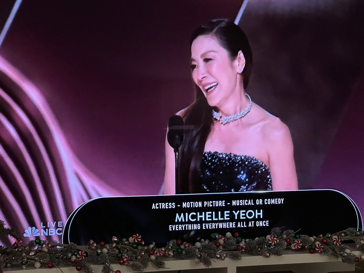 GraceRandolph's tweet photo. #MichelleYeoh BEST ACTRESS COMEDY!!!

So satisfying to see her recognized for her ACTING

Calls Hollywood a dream come true… “until she got here” &amp; talks about struggle for good roles 

She’s now 60 &amp; still fighting 🔥
Amazing speech 

#GoldenGlobes https://t.co/ncLPU9CUTO