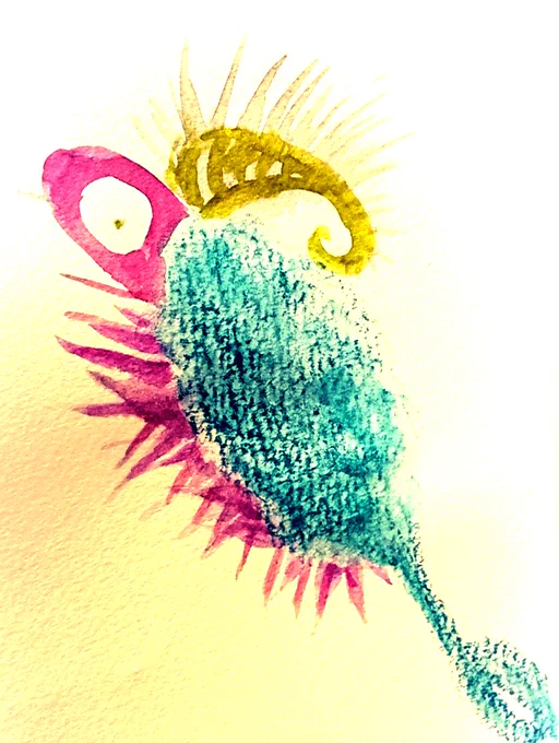 「メリメリメリーー」っとなく、生き物。クリスマスとは、関係ないらしい。#illustration #イラスト #アナログ絵 #水彩画 #写真加工 #色を反転した世界 #みつばキャラ 
