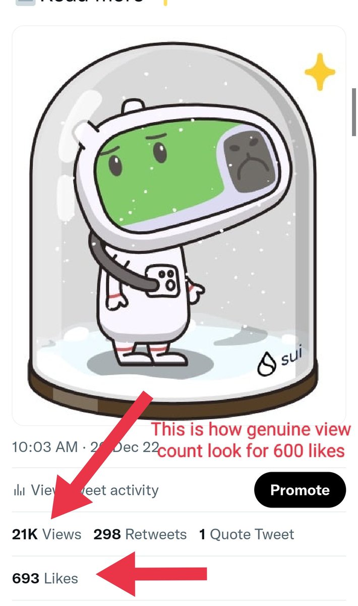 🥲 <a href="/SuiNetwork/">Sui</a> Sad to see all the rewards going to paid&amp;bot liked posts

Proof in this 🧵

😁Hope u read

👇Img 1&amp;2 have 30% like to views ratio &amp; I am sure 50% of those views came after Sui announced them

📸No3 my post with genuine likes no bots,has 690👍for 21k 👀

👇Read more