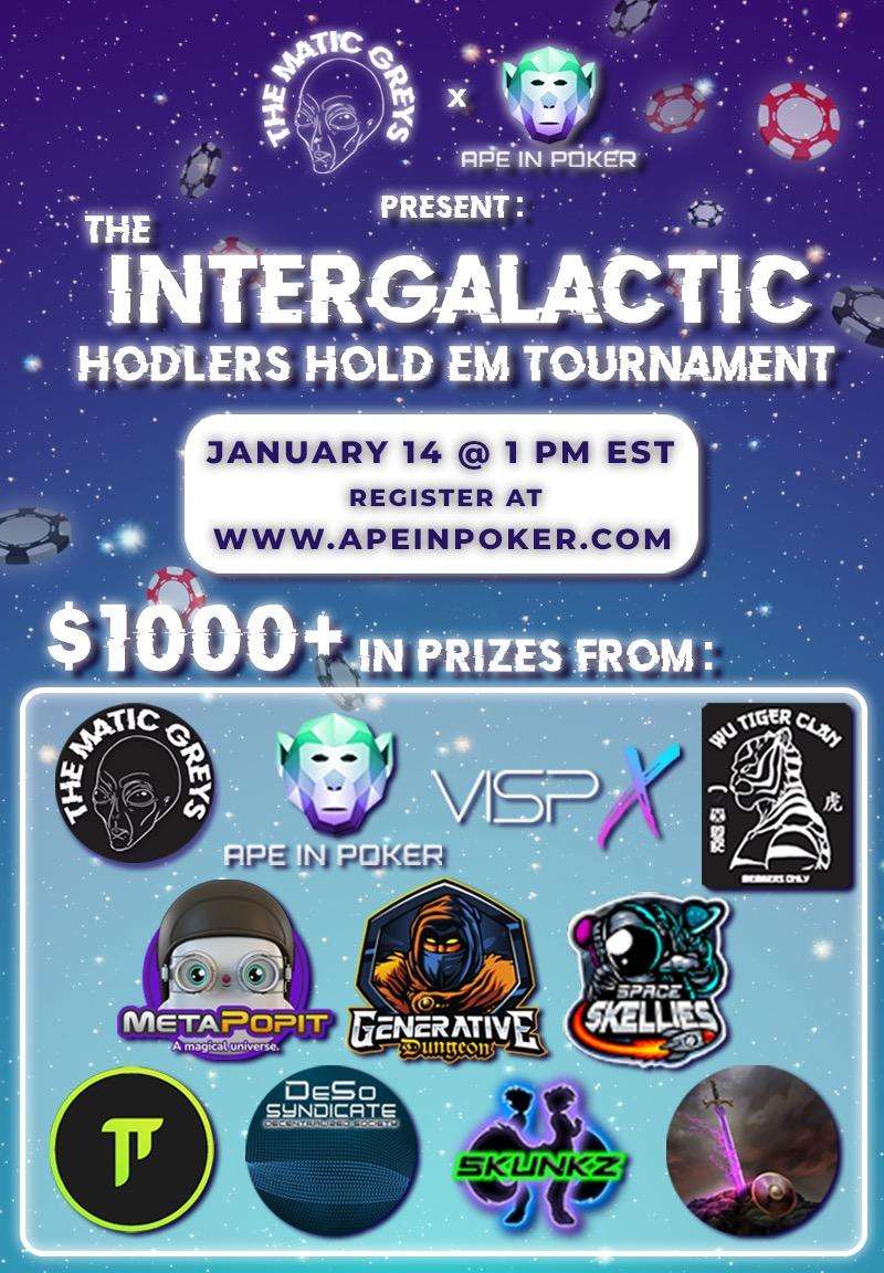 TheMaticGreys's tweet photo. Hey #NFTCommunity 

Join us &amp; an incredible group of projects Jan 14th at 1pm EST for our Cross-community poker event on https://t.co/ewBi0Aj1Mw!

@WuTigerClan
@VispX_official
@ApeInPoker
@MetaPopit
@GenDungeon
@PiProtocol
@SpaceSkellies
@desosyndicate
@ForgottenKings7
@SkunkzNFT https://t.co/7ulhLUvxL5