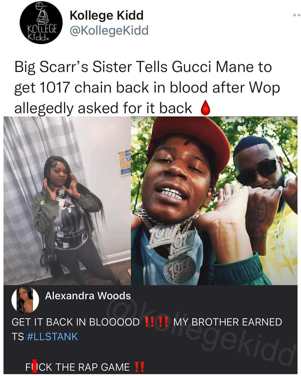 KashPerry4's tweet photo. Big Scarr’s Sister Tells Gucci Mane to get 1017 chain back in blood after Wop allegedly asked for it back 🩸
Follow here for more: https://t.co/wltqehMsgM https://t.co/yhtENuF81D