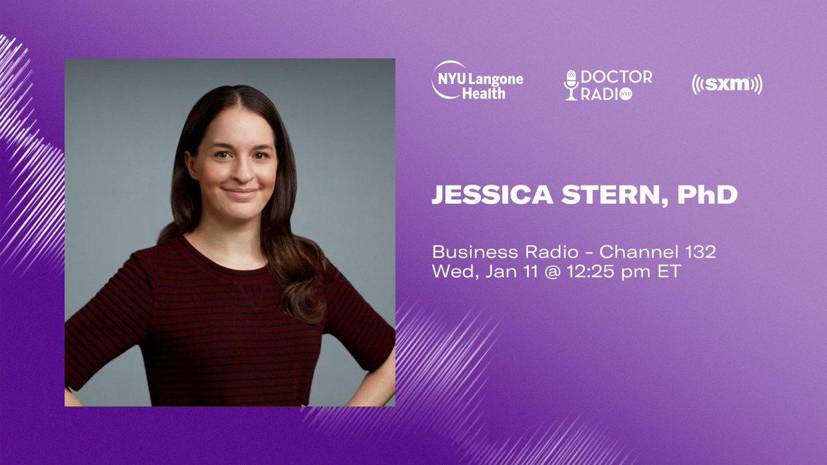 Doctor Radio (@nyudocs) on Twitter photo Tune in alert! Doctor Radio & Mental Health Radio's own <a href="/DrJessicaBStern/">Jessica B. Stern, PhD</a> is LIVE Tuesday Jan 11 @ 12:25pm East on <a href="/SXMBusiness/">SiriusXM Business Radio</a>' <a href="/randizuckerberg/">Randi Zuckerberg 🤗</a> Means Business on Channel 132 - only on <a href="/SiriusXM/">SiriusXM</a>. Don't miss it! siriusxm.com/channels/busin… Tune in alert! Doctor Radio & Mental Health Radio's own <a href="/DrJessicaBStern/">Jessica B. Stern, PhD</a> is LIVE Tuesday Jan 11 @ 12:25pm East on <a href="/SXMBusiness/">SiriusXM Business Radio</a>' <a href="/randizuckerberg/">Randi Zuckerberg 🤗</a> Means Business on Channel 132 - only on <a href="/SiriusXM/">SiriusXM</a>. Don't miss it! siriusxm.com/channels/busin…