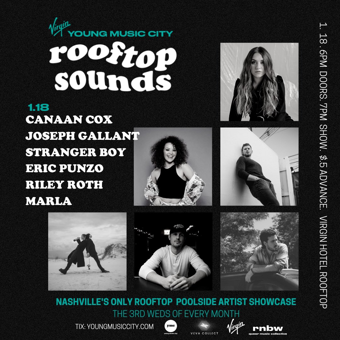 We back‼️ 1.18 at Virgin Hotel Rooftop. #Nashville only rooftop poolside artist showcase. Celebrating Nashville’s diverse music culture.
🎟️ youngmusiccity.com
.
<a href="/josephgallant_/">Joseph Gallant</a> @CanaanCox <a href="/rileyroth/">Riley Roth</a> <a href="/ericpunzo_/">Eric Punzo</a> <a href="/BigSouthMusicG/">Marla Morris</a> #strangerboy