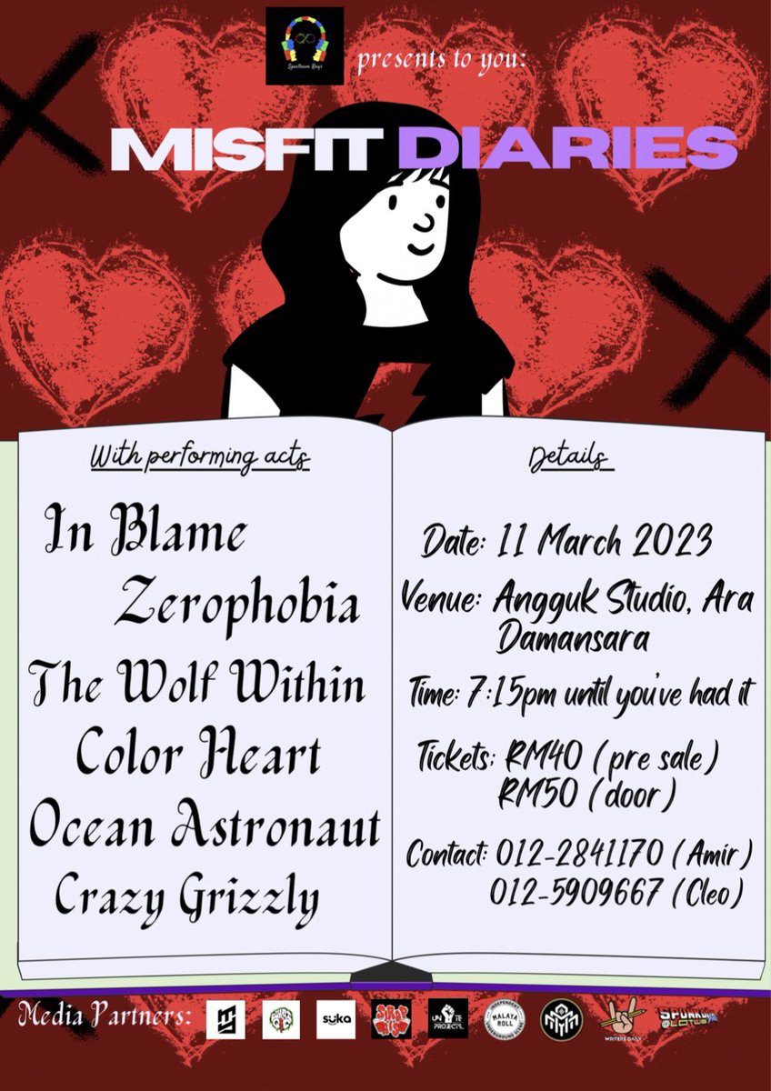 MISFIT DIARIES on 11th MARCH aka Spectrum Rays 3rd project at Angguk Studio, Ara Damansara

Performing Acts:-
Ocean Astronaut
In Blame
Crazy Grizzly 
The Wolf Within
Color Heart
Zerophobia 

<a href="/Megat_Yaesree/">Megat Yaesree</a> <a href="/Sirap_Ais_/">SirapAis</a> <a href="/musicaddicts_my/">MUSIC-ADDICTS-MY</a> <a href="/MalayaRoll/">MALAYA ROLL</a> <a href="/writersdailymy/">Writers Daily | K.O.D.I.N 🇲🇾</a> <a href="/spunkdokMY/">Spunkdok</a>