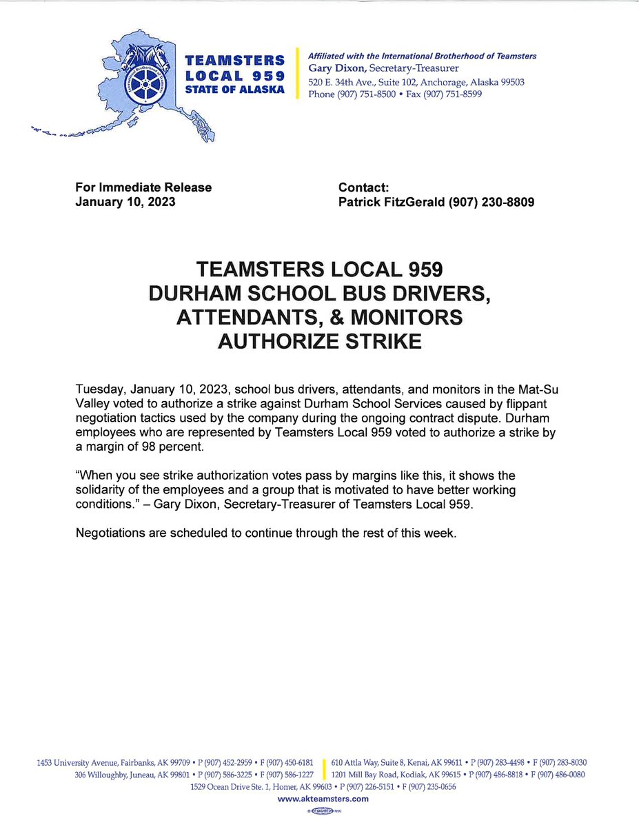 📢📢📢 TEAMSTERS AT DURHAM SCHOOL SERVICES - MATSU VALLEY AUTHORIZE STRIKE 

#Alaska #TeamstersLocal959 #DurhamSchoolServices #Strike #SchoolBusDrivers #Attendants #Monitors
