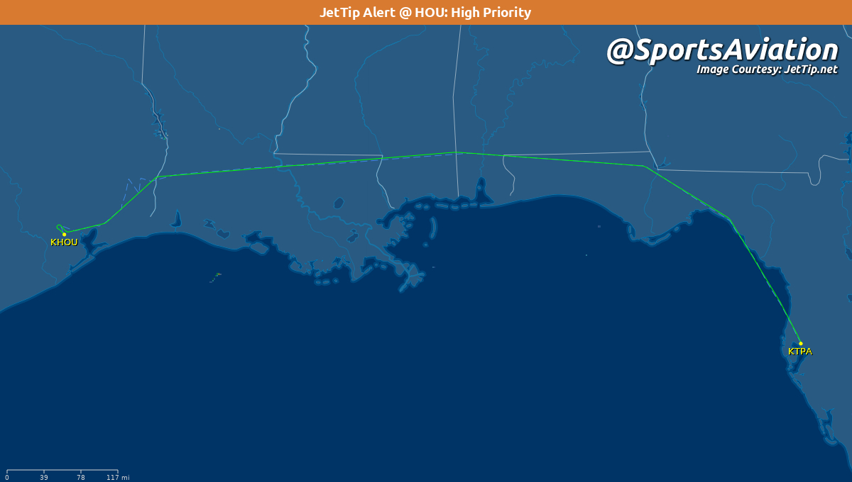 SportsAviation's tweet photo. 🏀 South Florida Bulls (@USFMBB) #US2F #HornsUp
🆚 Houston Cougars #GoCoogs #USFvsHOU
‼️ Rare @JetTipNet arrival alert @HobbyAirport 
✈️ N813BB | SB20
🛫 TPA - 3:59 pm ET
🛬 HOU - 5:36 pm CT
📡 Tracking: https://t.co/UsYz36I4mF https://t.co/DqpJ0Q2ZZO