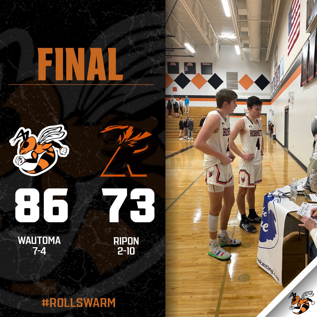WautomaBoysBB's tweet photo. Revenge is sweet. 
HORNETS WIN! 
Hornets 86, Ripon 73. 
4 straight W’s! 

@Joe_Ascher•28pts•6-13 3’s•9-19fgs•5ast
@carsonjarmstron•27pts•6-11 3’s•10-17fgs 
@BrettSalm•13pts•8rbs
@LoganDunn01•9pts•7rbs•6ast
@idsvoog_peter•6pts•13rbs

#RollSwarm
#wisbb https://t.co/i91aoC33WI