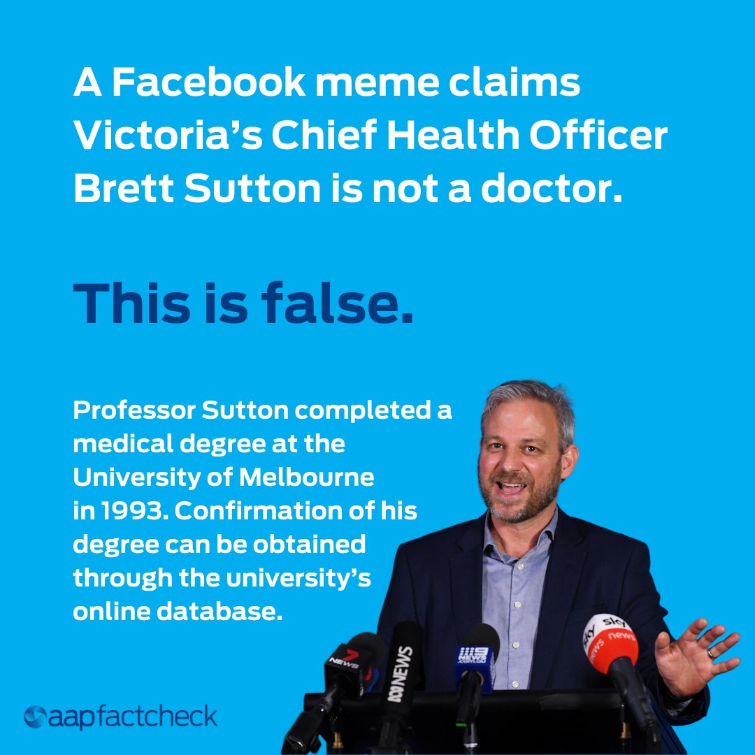 Brett Sutton became a well-known face during the COVID-19 pandemic as Victoria’s chief health officer, but a meme attempts to undermine his medical expertise by claiming he’s not a real doctor.

Read the full #FactCheck: bit.ly/3ZpnktT

#CovidAus #CovidVic #SpringSt