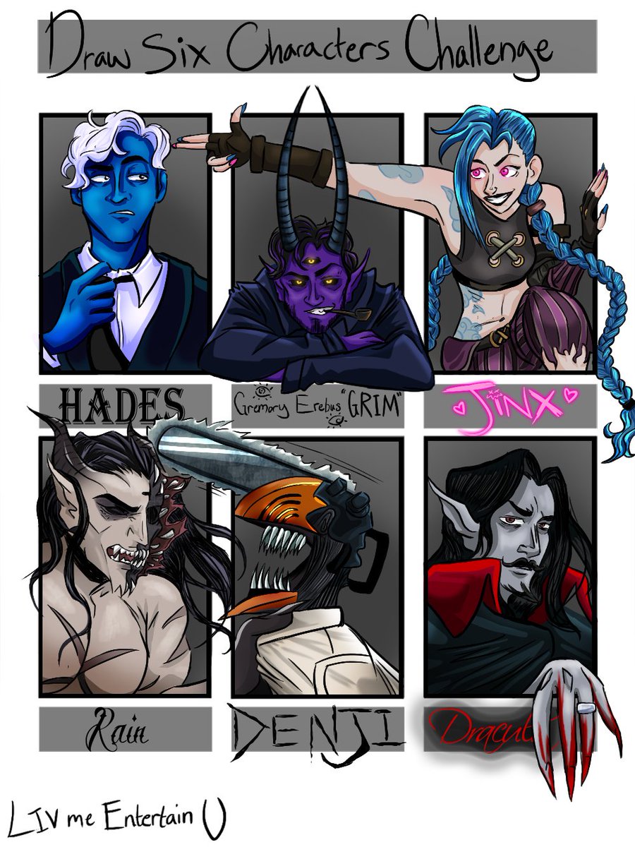 #SixFanartsChallenge Drew some of my fave characters 🧡

Hades - Lore Olympus by @used_bandaid 
Grim - Lonely Man's Lazarus by @LazarusLonely 
Jinx - Arcane #arcane
Rain - Atnomen by @CoinToMonster 
Denji - Chainsaw Man #chainsawman 
Vlad Dracula Tepes - Castlevania #Castlevania