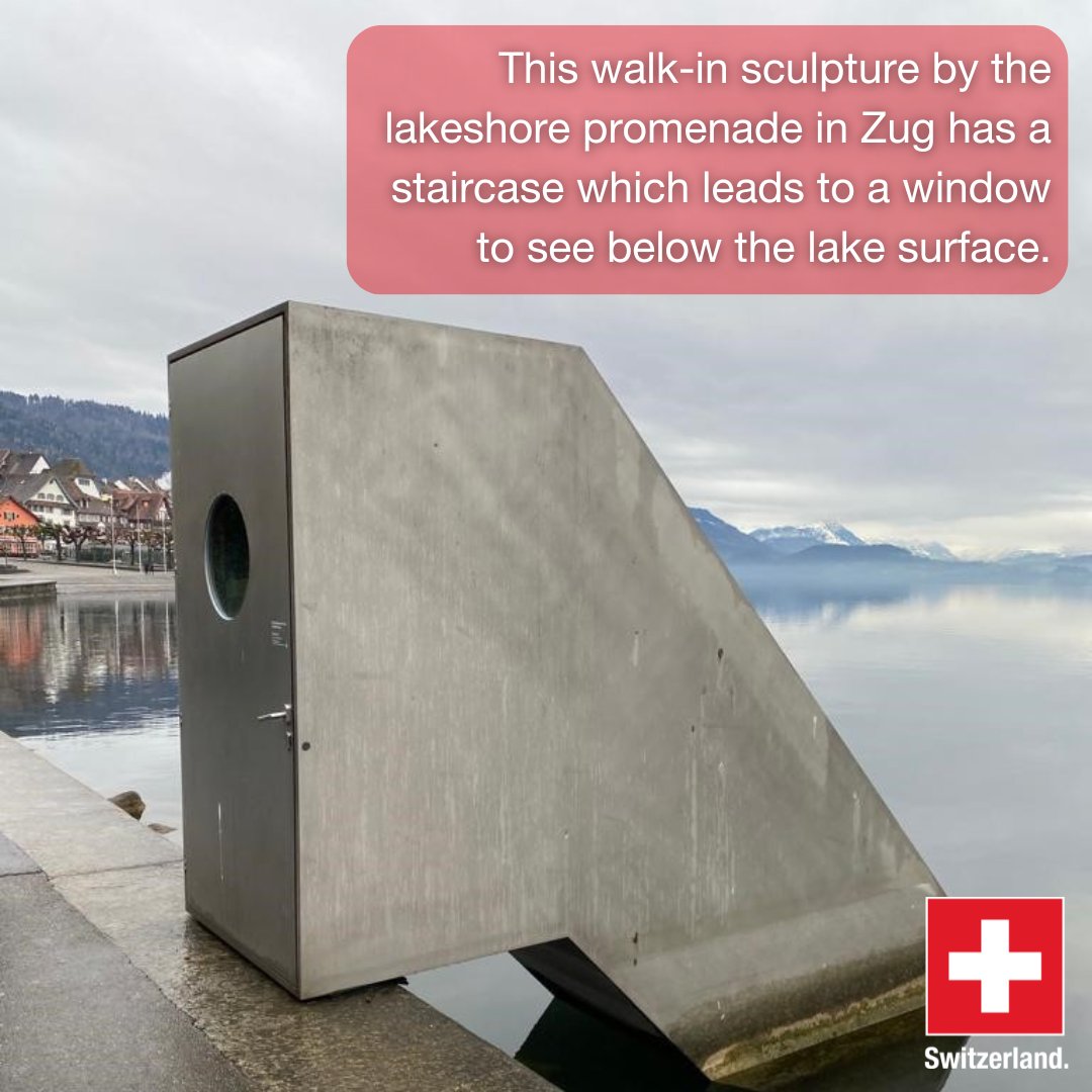 SwissAmbSGP's tweet photo. A #sculpture that offers a new perspective on reality! "Seesicht" (view of the lake) was created by Swiss artist #RomanSigner on the occasion of the 25th anniversary of the #KunsthausZug. 🏔️🇨🇭 https://t.co/j7cYzunWlY