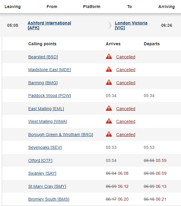 Se_Railway's tweet photo. ⚠️Due to overrunning engineering works near to #MaidstoneEast, the line will not reopen until after 05:30 this morning.

The 05:05 Ashford to Victoria service will divert via Paddock Wood 

At present, it is expected the 05:27 Ashford to Victoria will run via its booked route https://t.co/6YQrEZkLVp
