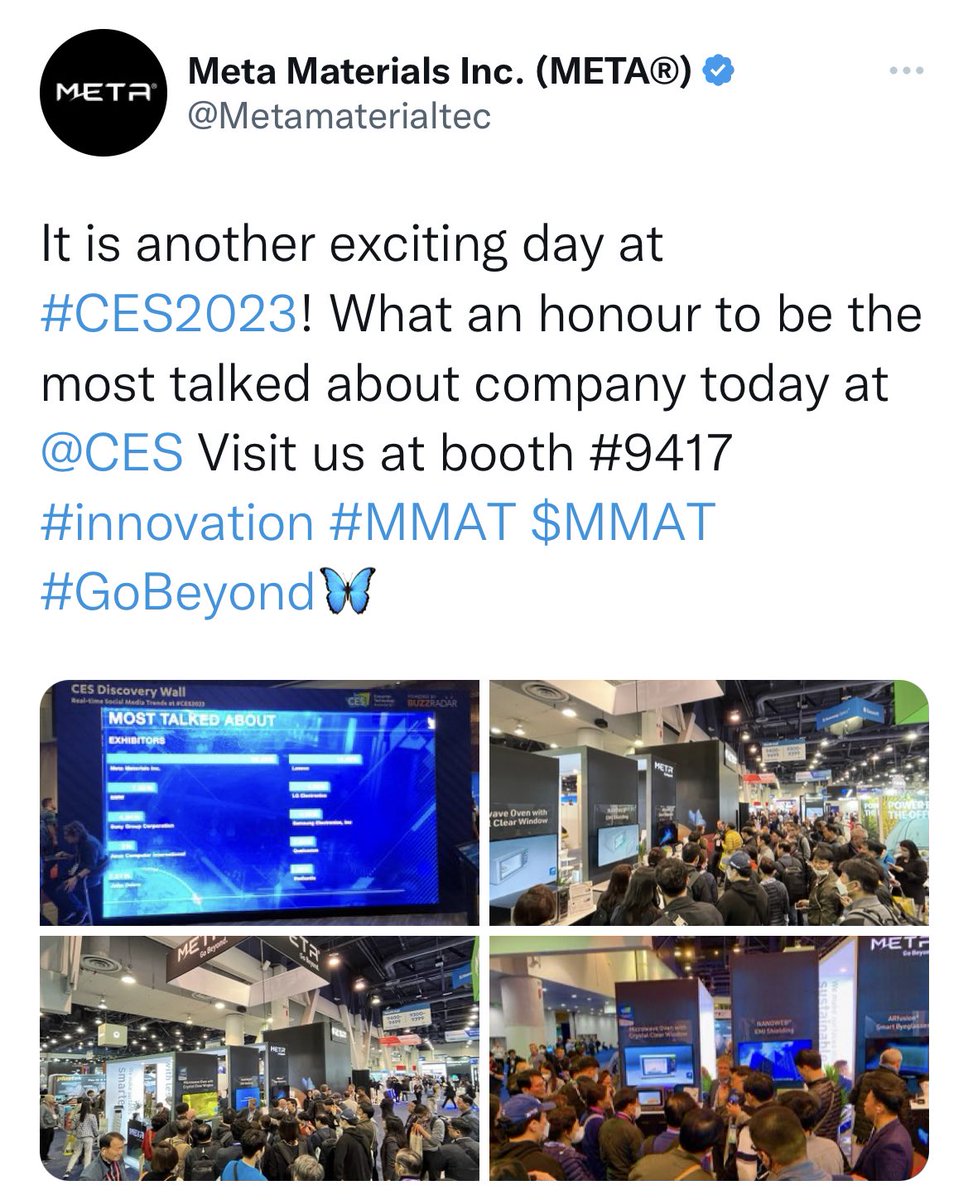 Stock_Cube12's tweet photo. @WarrenWhitlock @Wendall_Roy @Metamaterialtec With respect I don’t think this was overhyping, “spreading awareness” is the right terminology 👍🏼
“Good Tech” that has NEVER been seen before.😉 #Innovation 
@buzzradar can you confirm who was the most talked about company at #CES2023 please, I thought the screen was accurate 🤷🏻‍♂️ https://t.co/qOxPmICtpa