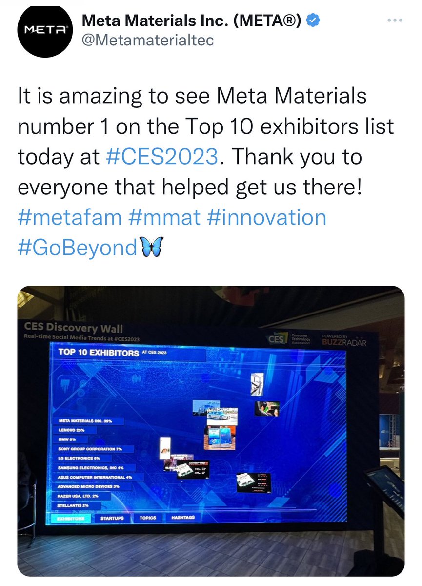 Stock_Cube12's tweet photo. @WarrenWhitlock @Wendall_Roy @Metamaterialtec With respect I don’t think this was overhyping, “spreading awareness” is the right terminology 👍🏼
“Good Tech” that has NEVER been seen before.😉 #Innovation 
@buzzradar can you confirm who was the most talked about company at #CES2023 please, I thought the screen was accurate 🤷🏻‍♂️ https://t.co/qOxPmICtpa