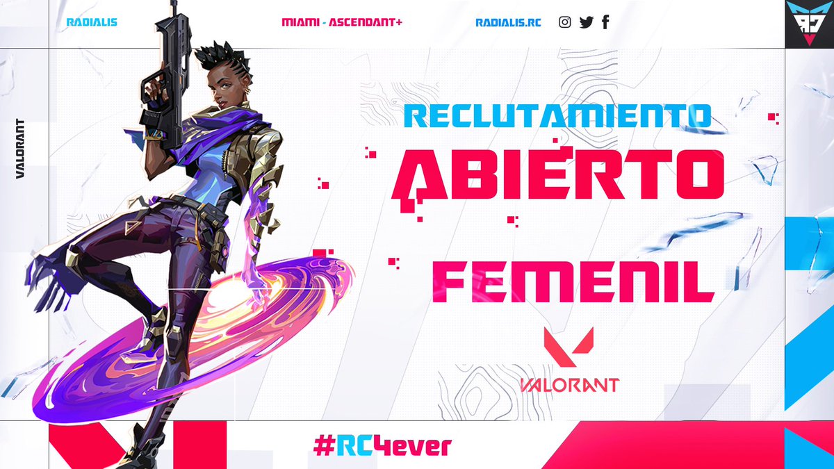 ¡Reclutamiento Femenil Valorant!

¡Se parte de la experiencia y participa de múltiples torneos!

Requisitos:
-Rango Ascendant+
-Región Miami
-Disponibilidad horaria
-Mujer mayor a 16 años

#RC4ever #valorant #valorantlatam #valorantfeminino