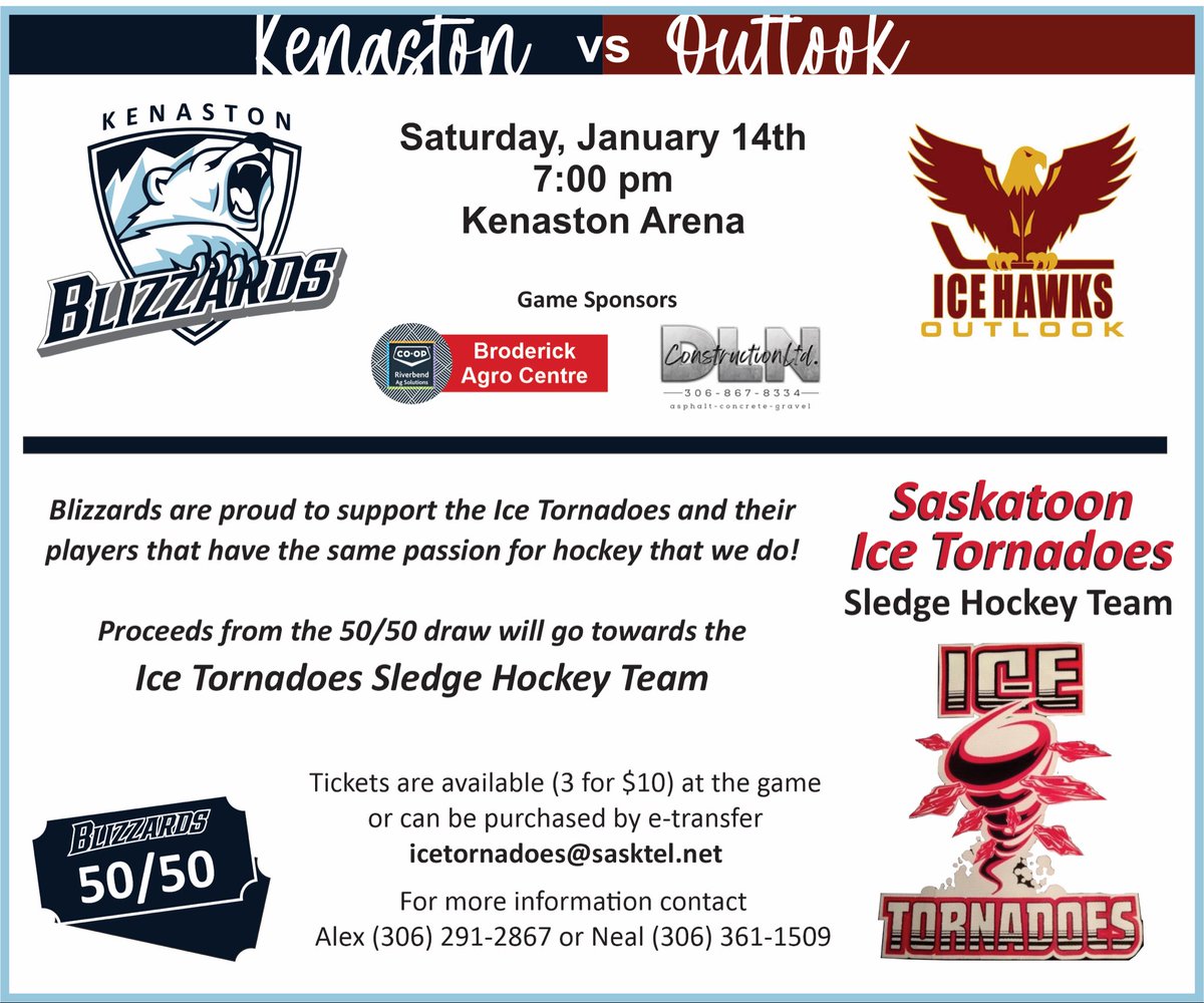 SVHLBlizzards's tweet photo. At home this Saturday vs Outlook, 7pm

Blizzards also proud to support the @IceTornadoes Sledge Hockey team. All 50/50 proceeds will towards the Ice Tornadoes! 
#hockeyforall #sledgehockey #seniorhockey #dablizz https://t.co/EYaa2BVCwl